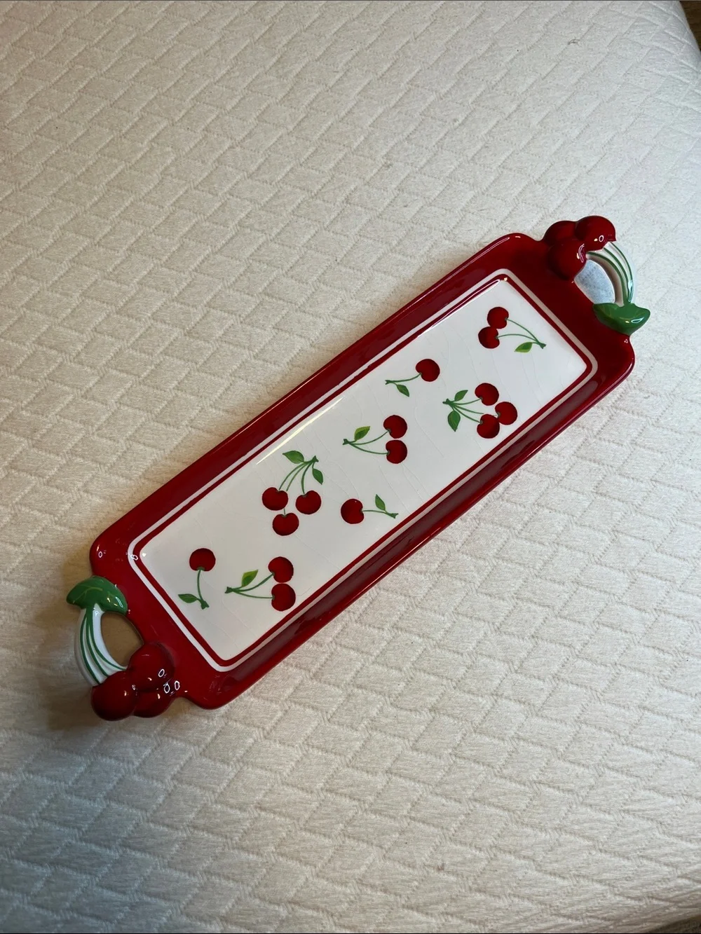 Cherry-Pattern Ceramic Serving Tray in Red and White
